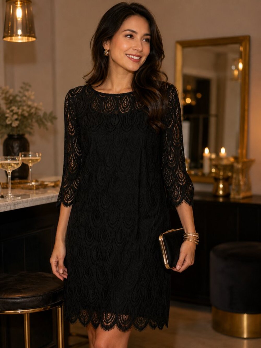 Lilly Pulitzer Black Lace Shift Dress 3/4 Sleeve Scalloped Hem Size 8 Cocktail